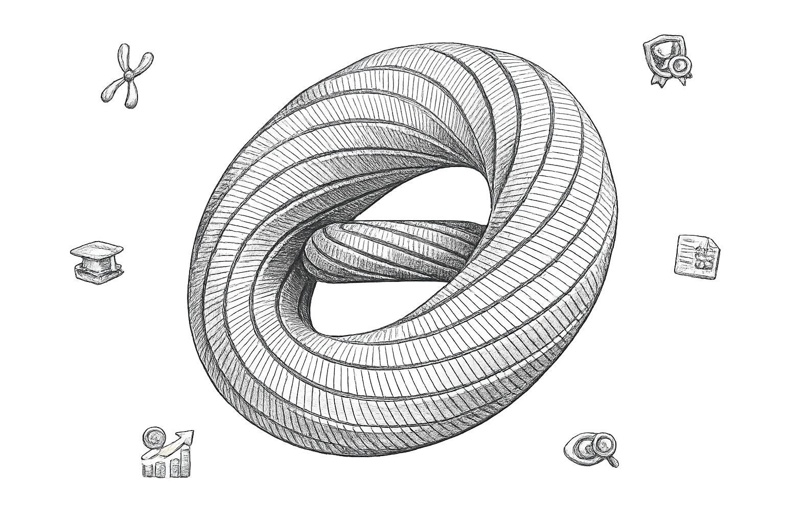 3D orbital shape representing interconnected research domains
